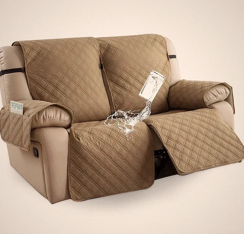 100% Waterproof Loveseat Recliner And Armrest Cover Non Slip 2 Seater Taupe