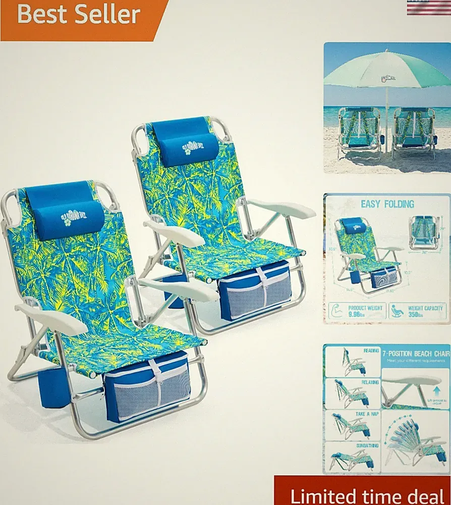 2 Beach Chairs for Adults, 7-Position Classic Lay Flat Beach Chair Reclining