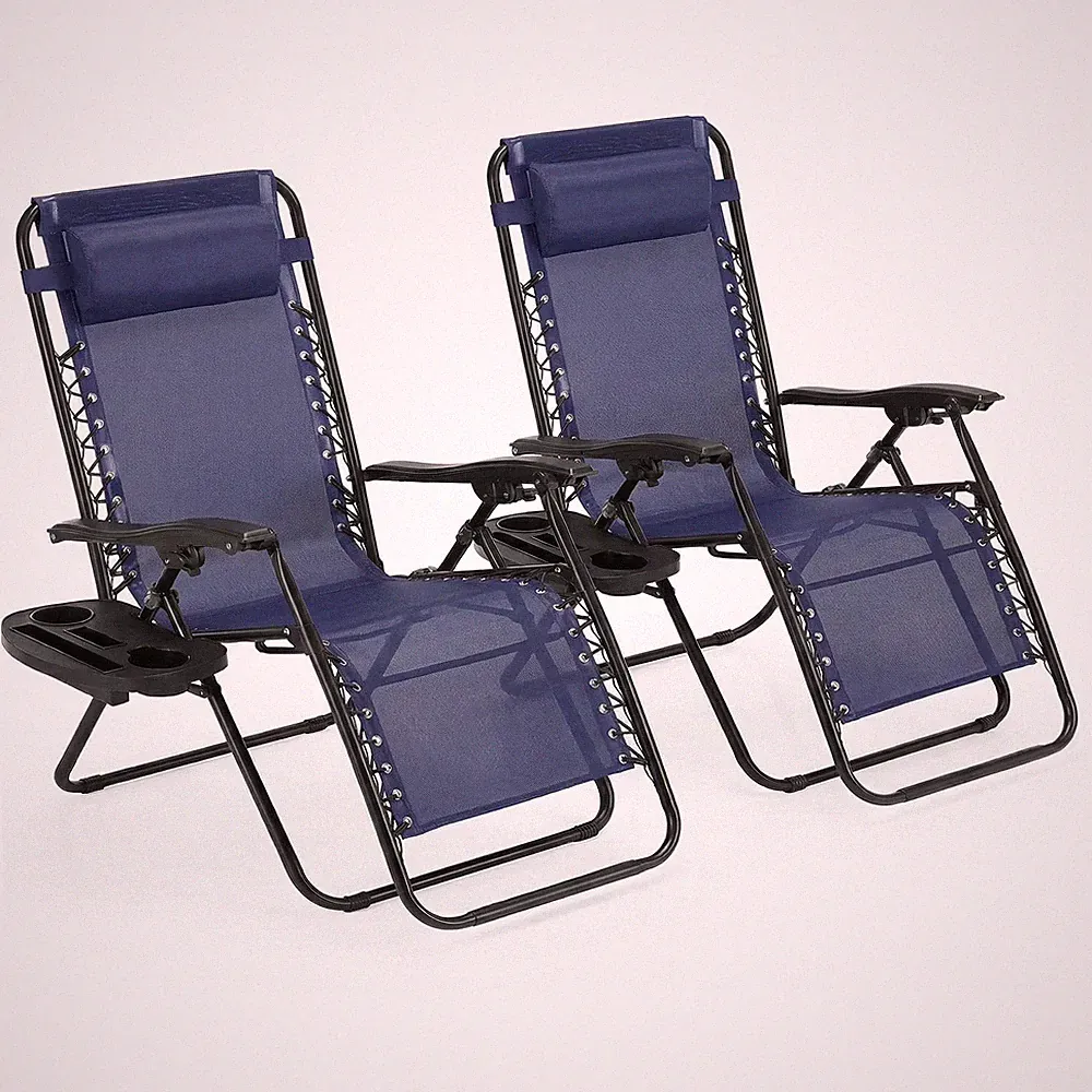 2-Pack Zero Gravity Chair 300lb Patio Beach Pool Recliner Pillow Cup Blue