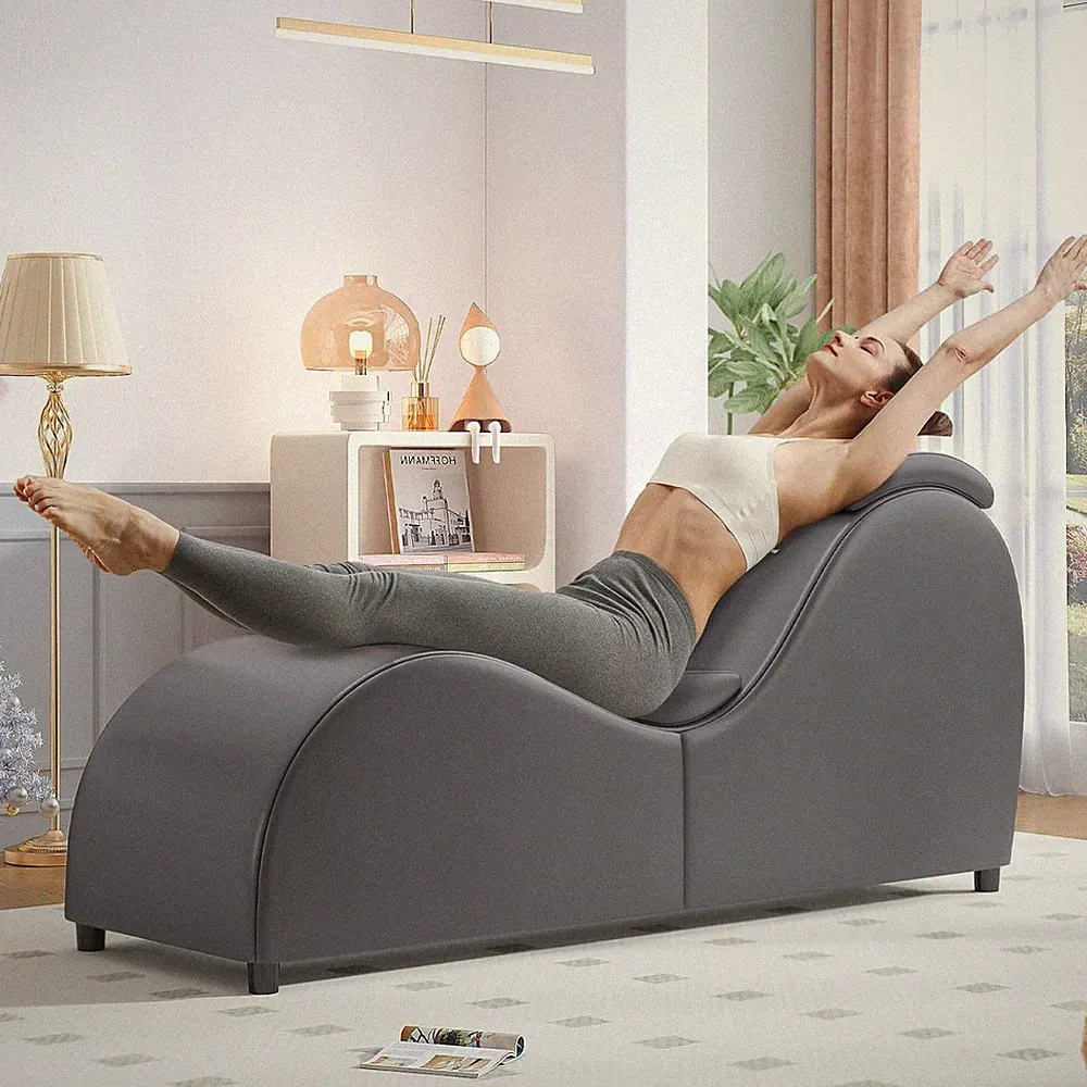 60" S-Shape Chaise Lounge Chair for Yoga & Relaxation Dark Grey Faux Leather