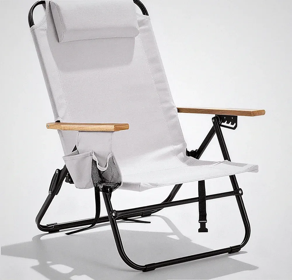 Lightweight 5-Position Recliner Camping Chair with Wooden Armrests, Cream White