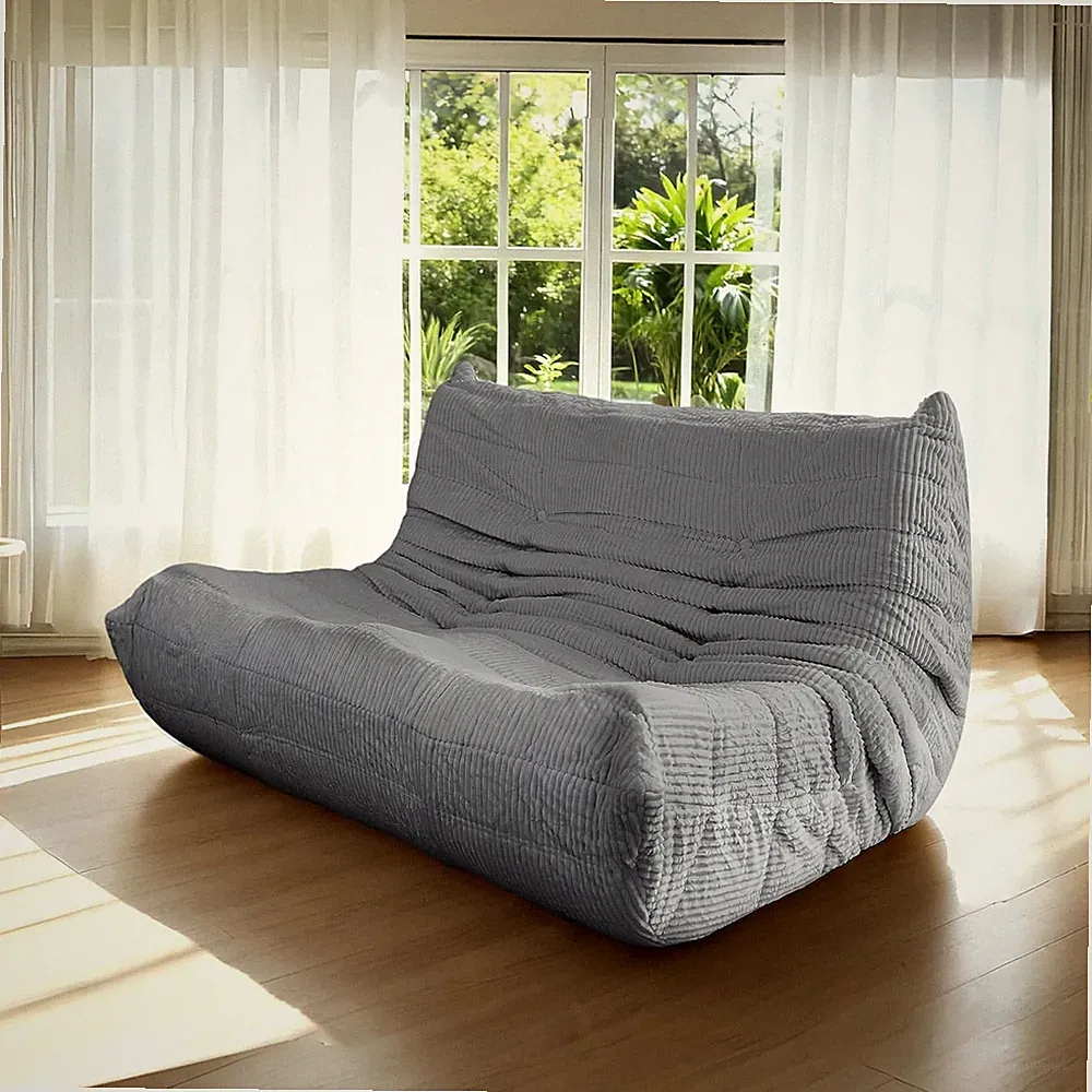 Mid-Century Armless Loveseat Sofa - Twin Floor Lounger in Soft Grey Corduroy