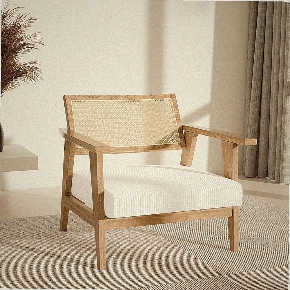 Mid Century Rattan Accent Chair with Upholstered Seat - Boho Lounge Chair
