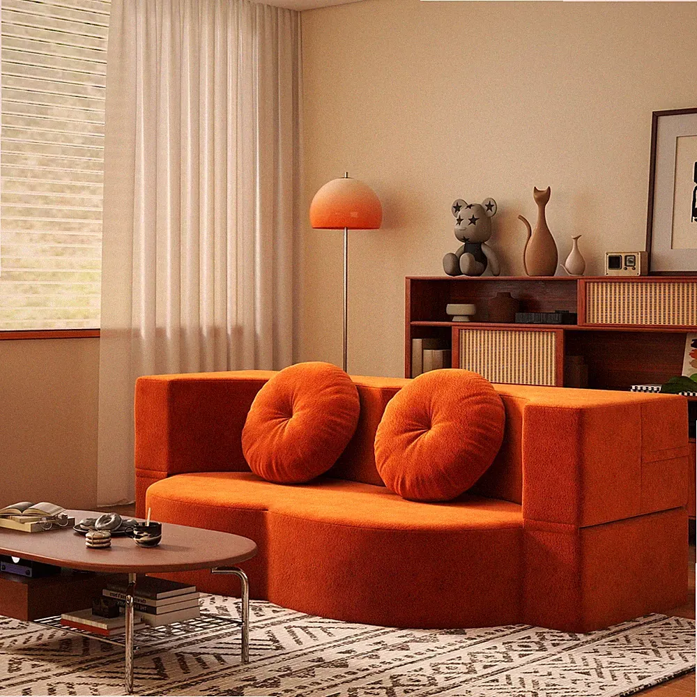 Modern Floor Sofa w/2 Pillows,Convertible Plush Corduroy Foam-Filled Sleeper So