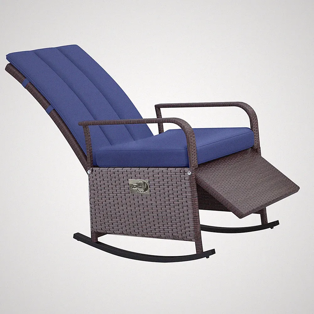 Outdoor Wicker Rattan Recliner Rocking Cushioned Patio Chair with Footrest Blue