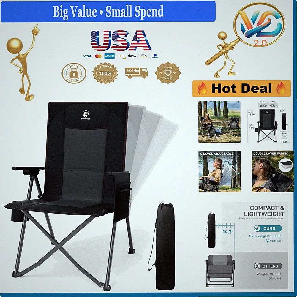 Reclining Camping Chair for Adults Lightweight Folding Lounge Chair Black
