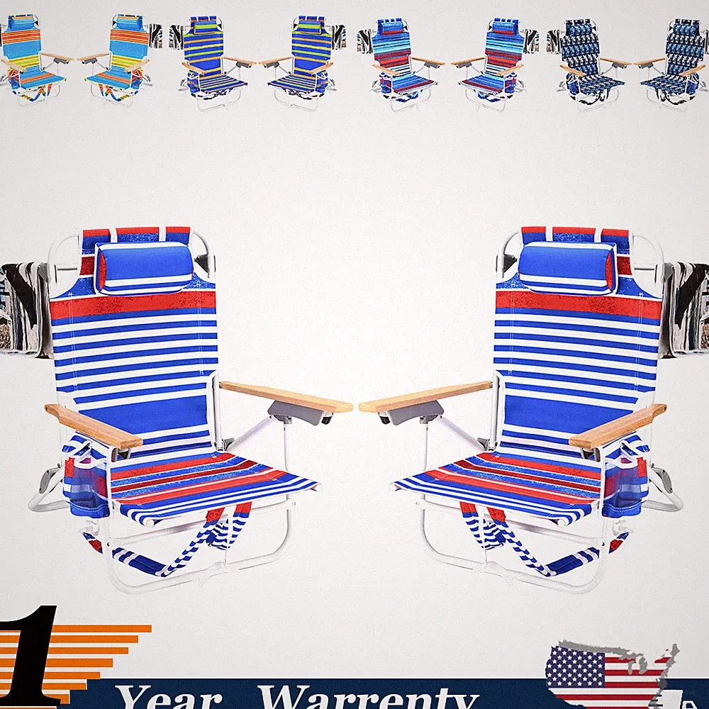 Reclining & Lay Flat Backpack Beach Chair 5 Position Chair w/ Pouch Folding