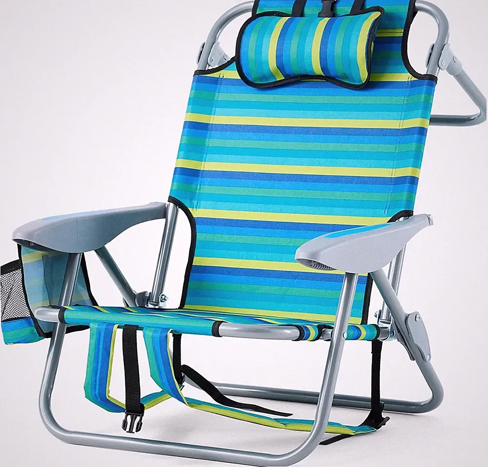 Striped Portable Recliner Chair for Camping - 5 Positions, Cup Holder & Headrest